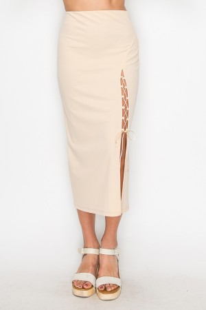 BS08228<br/>Lace-Up Slit High-Rise Midi Skirt